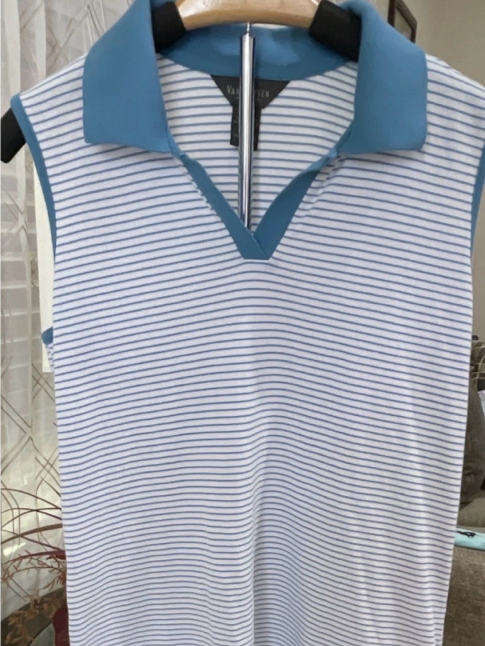 Van Heusen White and Teal Striped Sleeveless Polo Crop Top